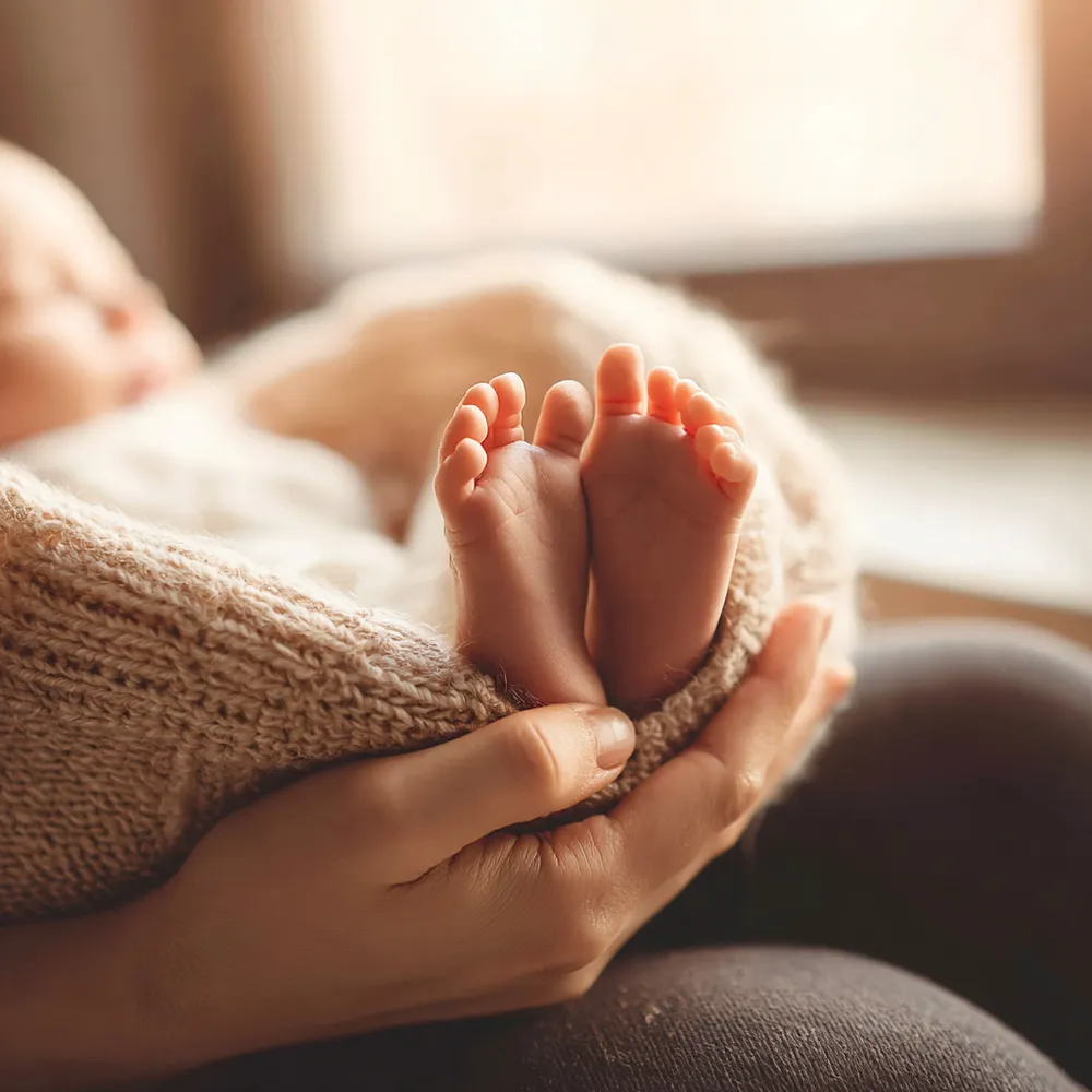 Detalle: los pies del bebé sostenidos entre las manos
