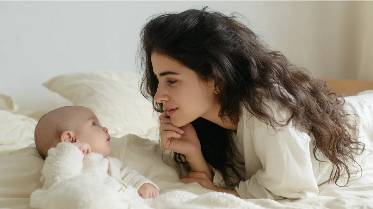 Mamá con su bebé en la cama, momento cálido en casa